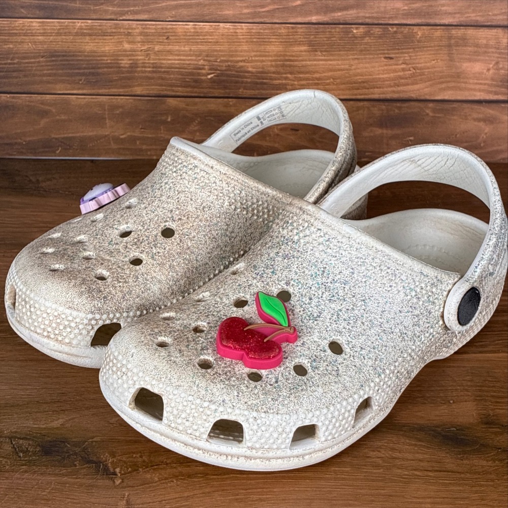 Crocs Kids Classic Glitter Clog White Silver Sparkle Shoes with Charms Size J2